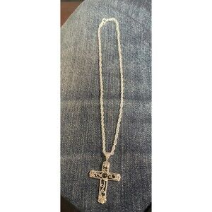 925 Sterling Silver Black Onyx  Cross With 15inch 925 Italy  Rope Necklace